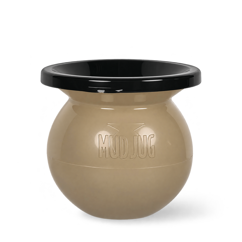 A beige plastic ball pit with a glossy black rim, featuring the embossed brand name 'MUD JUG' on the front, set against a plain white background.