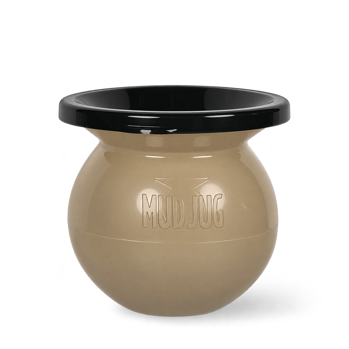 A beige plastic ball pit with a glossy black rim, featuring the embossed brand name 'MUD JUG' on the front, set against a plain white background.