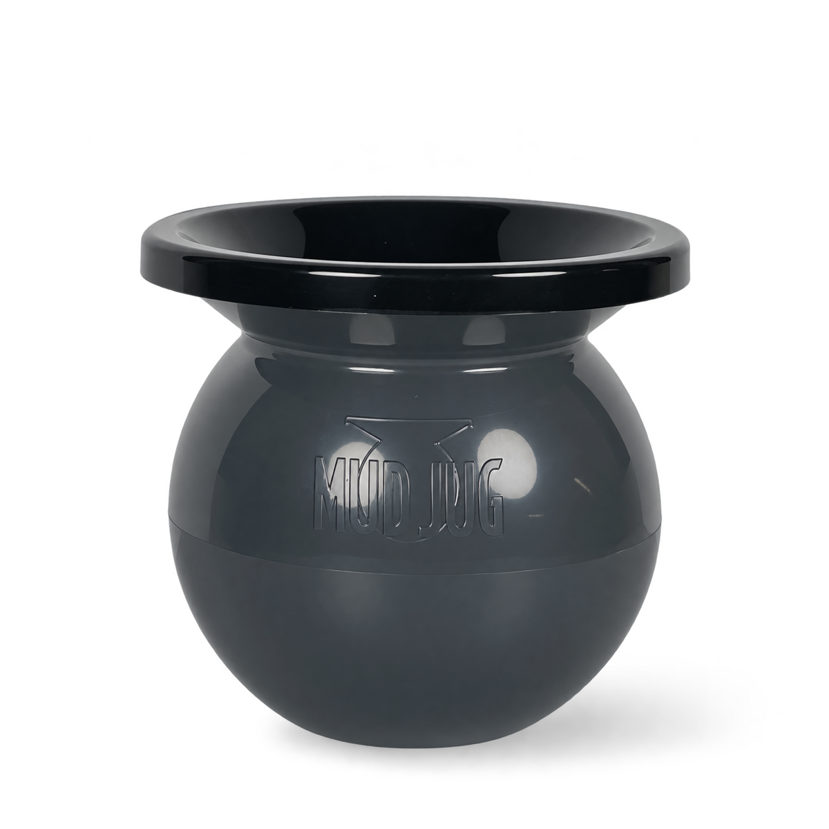 A dark gray plastic Mud Jug with a glossy finish, featuring the embossed brand name 'MUD JUG' on the front, set against a plain white background.