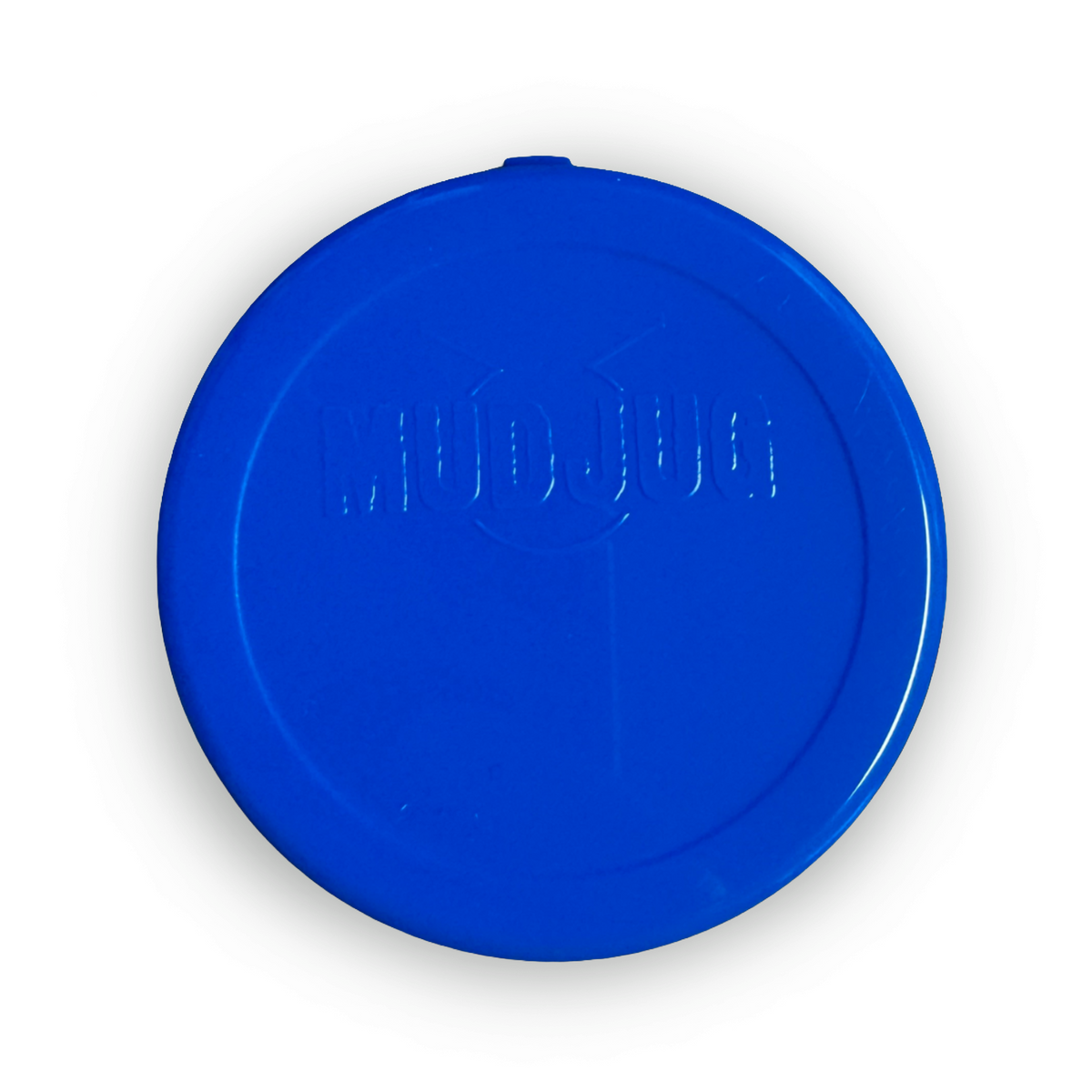 A bright blue circular plastic lid with the embossed text 'MUD JUG' in the center, shown on a plain white background.