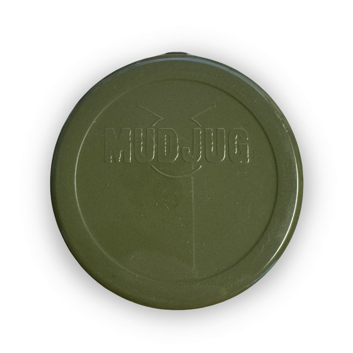 An olive green circular plastic lid embossed with the text 'MUD JUG' and a stylized face, shown on a plain white background with a drop shadow.