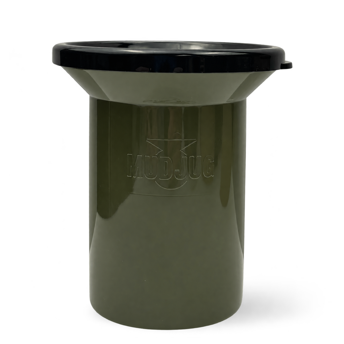 An olive green plastic Mudjug bucket with a black rim, featuring the embossed Mudjug logo on the front, set against a plain white background.