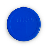 A bright blue circular plastic lid with the embossed text 'MUD JUG' in the center, shown on a plain white background.