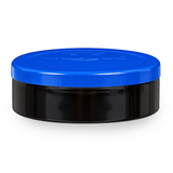 A round black plastic jar with a bright blue screw-on lid, shown on a clean white background.