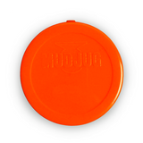 A bright orange circular plastic disc with the embossed brand name 'MUDJUG' in the center, shown against a plain white background.