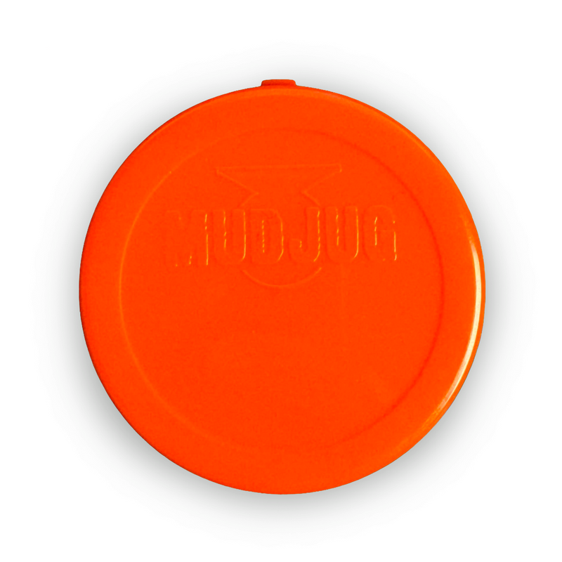 A bright orange circular plastic disc with the embossed brand name 'MUDJUG' in the center, shown against a plain white background.