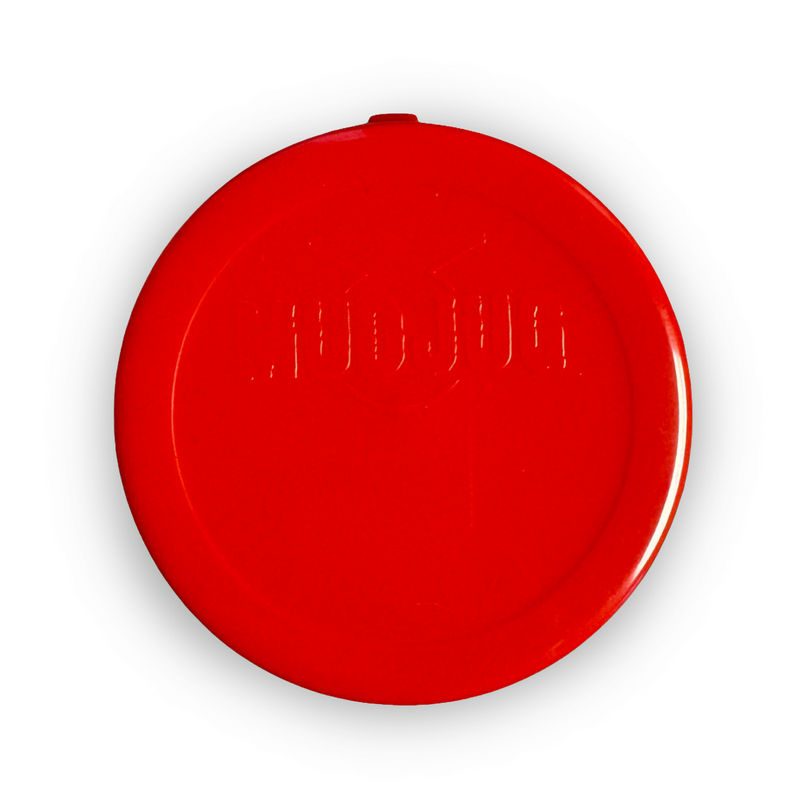 A round red plastic lid with embossed text, photographed from directly above on a white background.