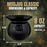 Black Mudjug Classic mason jar with dimensions and capacity details on a textured dark green background with text overlays.