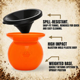 An orange and black plastic spill-resistant funnel jug with text callouts highlighting its spill-resistant snap-fit funnel, high impact injection molded plastic body, and weighted base.