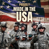 Soldiers in helmets holding assorted Mud Jug spittoons beneath an American flag and “Proudly Made in the USA” text.