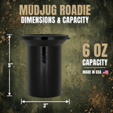 A black cylindrical mud jug with a flared top, shown with overlaid dimension arrows and text reading 5 inches tall, 3 inches wide, and 6 oz capacity on a textured dark green background.