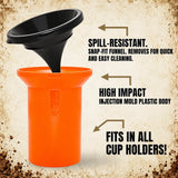 An orange plastic cup holder with a black snap-fit funnel inserted into it, shown on a textured beige background with marketing text highlighting spill-resistant, high-impact molded plastic, and fit in all cup holders.