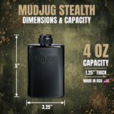Black 4 oz Mudjug flask with dimensions and capacity details on a textured outdoor background.