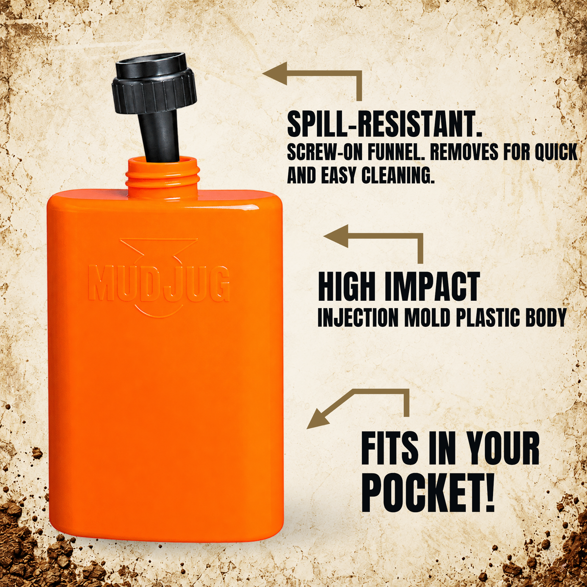 Bright orange Mud Jug with a black screw-on funnel, shown on a textured beige background with descriptive text callouts highlighting spill-resistant design, high impact injection molded plastic body, and pocket-friendly size.