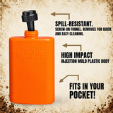 Bright orange Mud Jug with a black screw-on funnel, shown on a textured beige background with descriptive text callouts highlighting spill-resistant design, high impact injection molded plastic body, and pocket-friendly size.