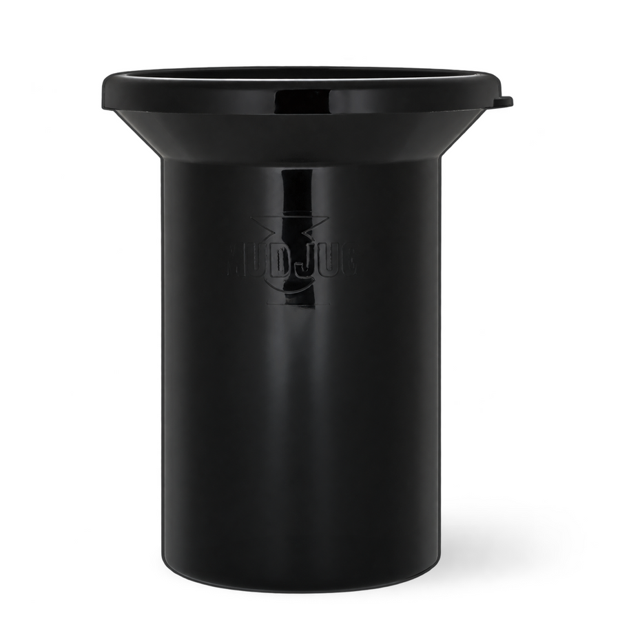 A matte black cylindrical container with a flared rim and a small protruding tab on the right side, featuring an embossed logo on the front. The product is photographed on a clean white background with a soft shadow underneath.