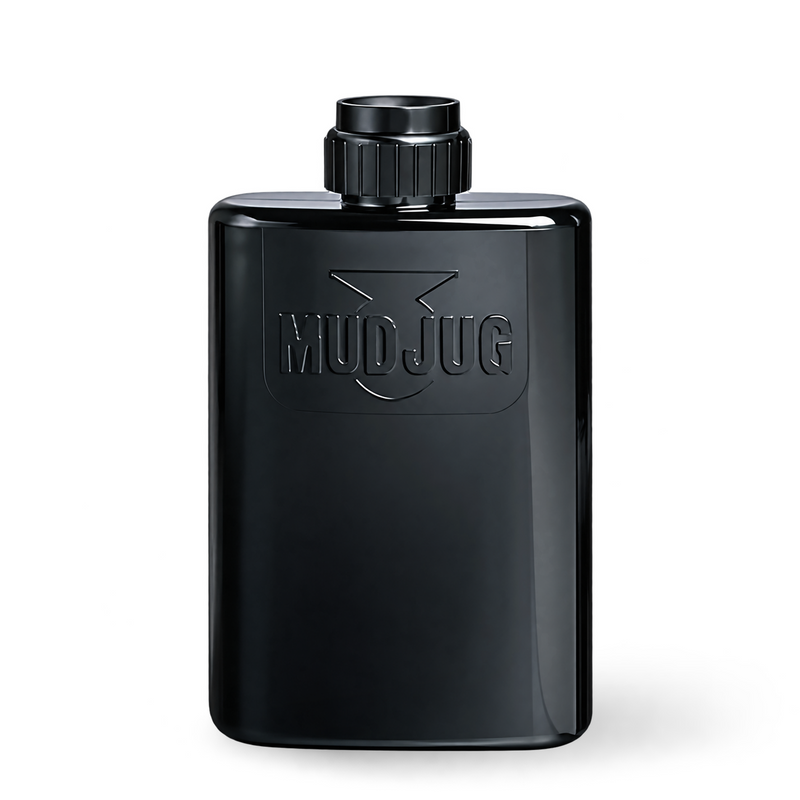 A glossy black plastic bottle with a matching black screw cap, featuring the brand name 'MUDJUG' embossed on the front, set against a plain white background.