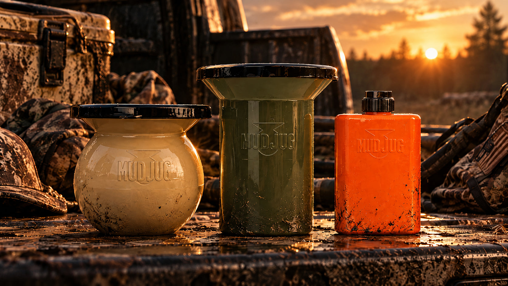 Classic, Roadie, and Stealth Mudjugs together on a truck tailgate at sunset